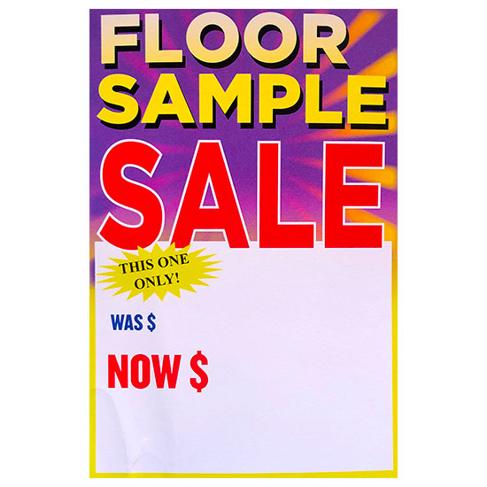 Store Tag with Floor Sample text in yellow with big SALE text in red on purple and orange sunburst